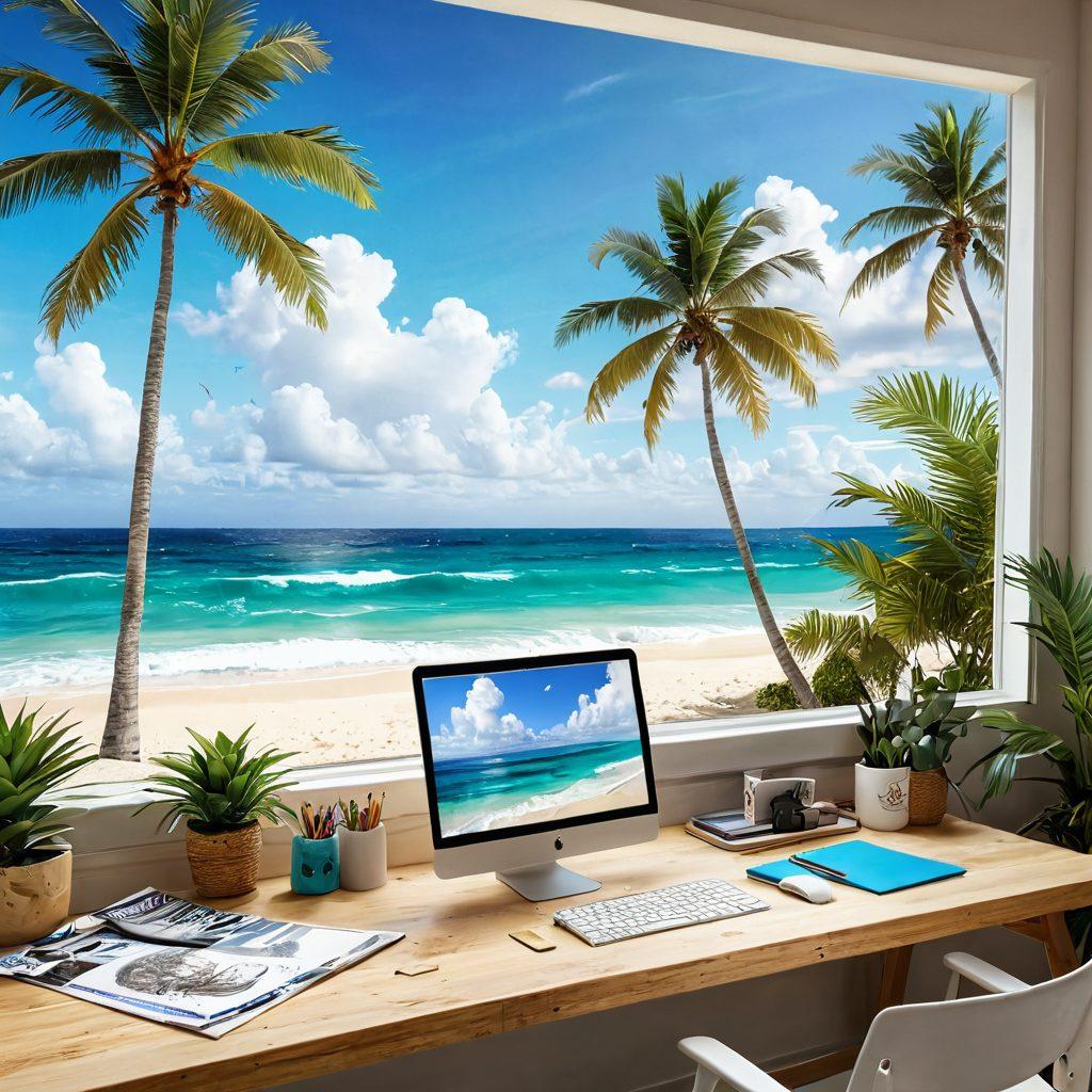 A vibrant coastal scene showcasing a designer's workspace filled with colorful bikini sketches, digitally rendered software tools, and a serene beach backdrop. Include tropical elements like palm trees and ocean waves, intertwining the digital and natural worlds. The atmosphere is creative and inspiring, with sunlight filtering through clouds. super-realistic. vibrant colors. white background.